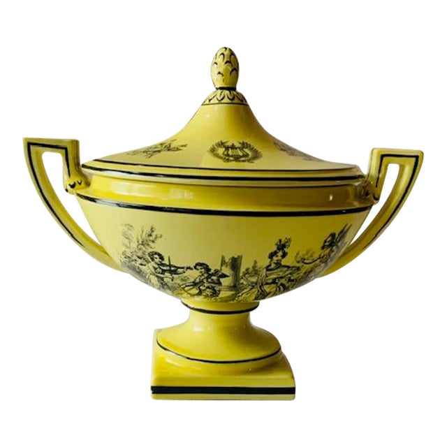Vintage Yellow Black Toile Creil Ware Covered Tureen Italian Porcelain For Sale