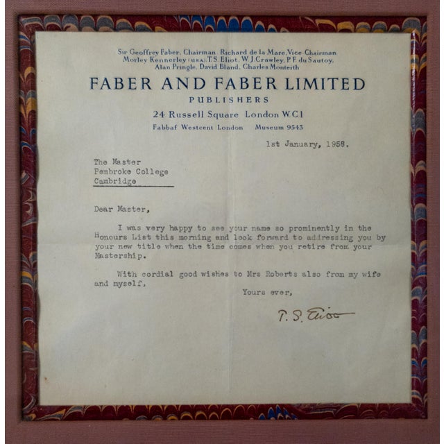Traditional 1958 Framed Autographed Letter From Poet T S. Eliot For Sale - Image 3 of 10