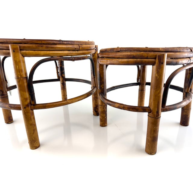 1960s Mid Century Vintage Bamboo Rattan Plant Stands, Low Round Side Tables, a Pair For Sale - Image 5 of 12