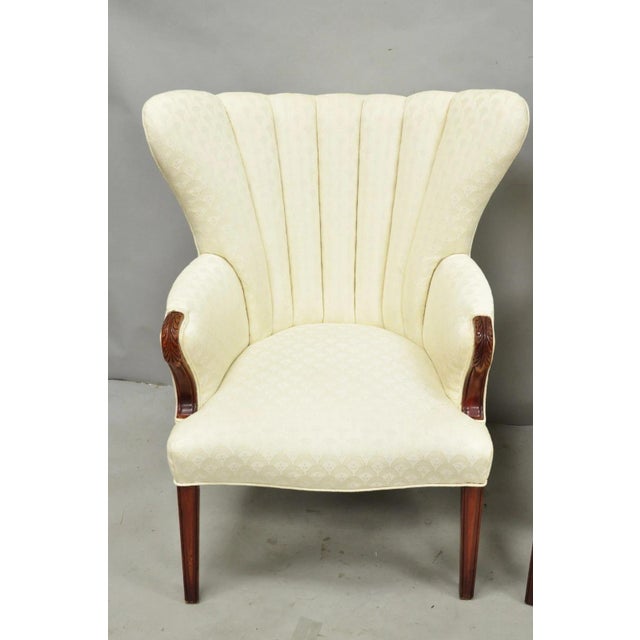 Art Deco Vintage French Art Deco Style Channel Wingback Mahogany Lounge Arm Chairs - Pair For Sale - Image 3 of 16