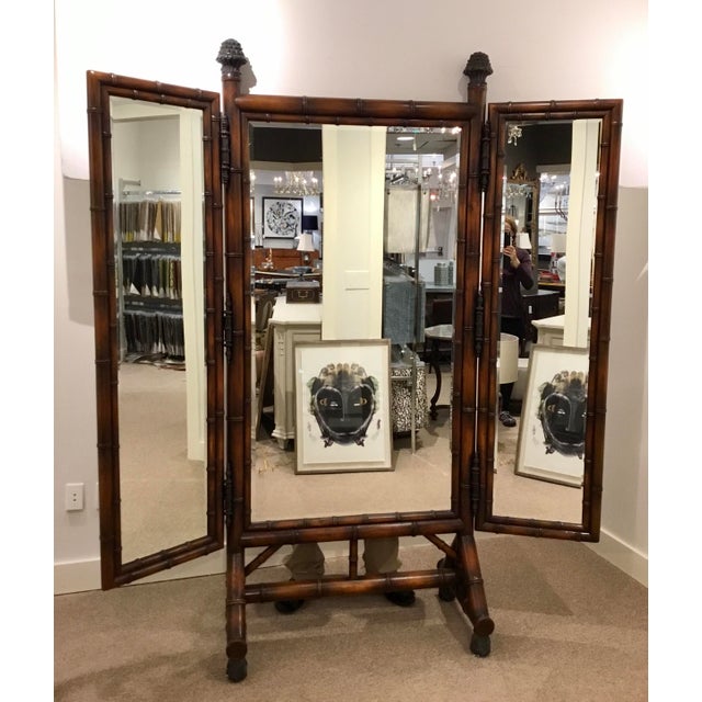 Vintage Theodore Alexander Asian Mahogany Standing Trifold Cheval