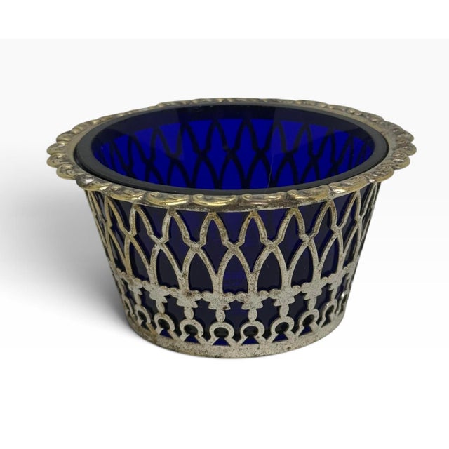 Mid 20th Century Cobalt Blue Silver Plate Filigree Condiment Bowl For Sale - Image 12 of 12