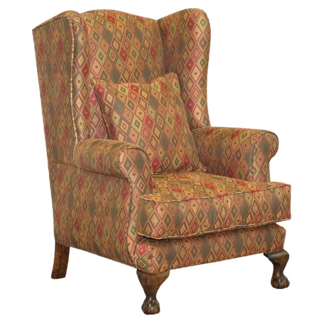 Vintage Wingback Armchair with Claw & Ball Feet and Kilim Style Upholstery For Sale