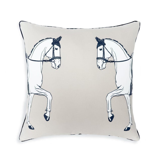 2020s Marching Horses 20" Throw Pillow, Cream With Navy Trim For Sale - Image 5 of 5
