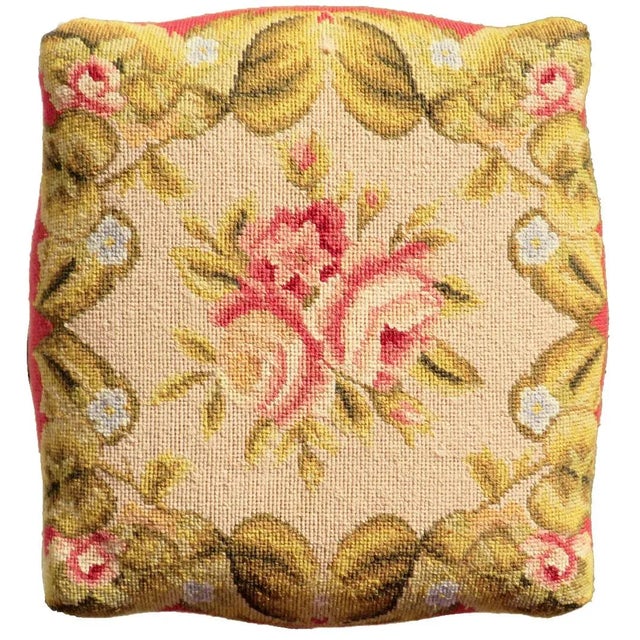 Lovely vintage carved wood stool with turned, tapered legs in the style of Louis XVI. Topped with charming needlework...