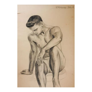 Vintage Mid Century Charles Normann Seated Male Charcoal Drawing For Sale