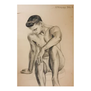 Vintage Mid Century Charles Normann Seated Male Charcoal Drawing