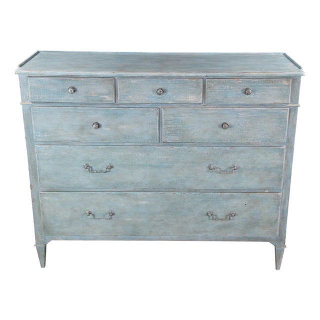 Late 20th Century Woodbridge Furniture Marseille Scrubbed Blue Chest of Drawers Dresser , Attributed For Sale
