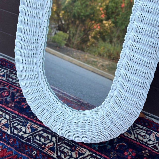 Late 20th Century Vintage Petite White Painted Woven Wicker Rattan Framed Oval Mirror For Sale - Image 5 of 11