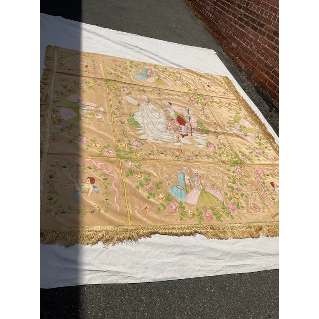 Cream 1950s French Silk Bed Topper Hand Painted For Sale - Image 8 of 12