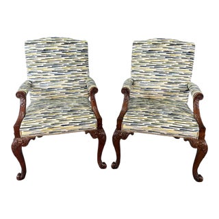 Late 20th Century Pair of Baker Furniture Attributed Stately Homes Gainsborough Arm Chairs in Green & Blue For Sale