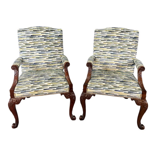 Late 20th Century Pair of Baker Furniture Attributed Stately Homes Gainsborough Arm Chairs in Green & Blue For Sale