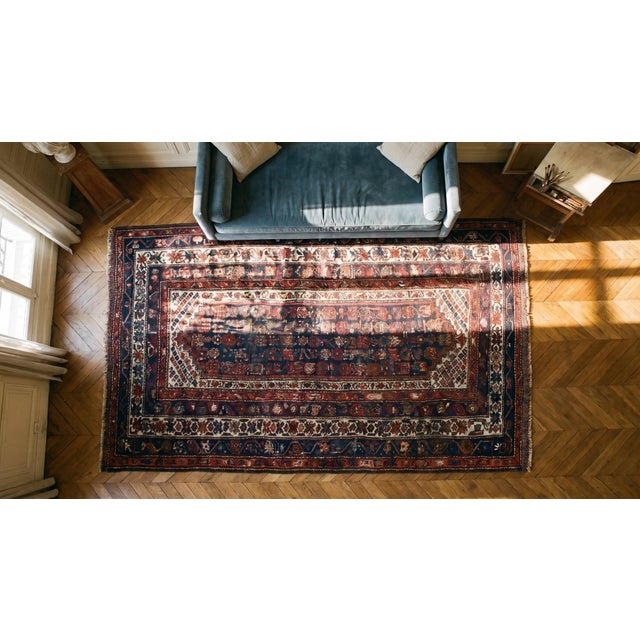 Navy Blue 1900s Blue Navy Geometric Tribal Antique W. Persian Kurdish Rug 4'6" X 6'9" Handknotted Wool Carpet For Sale - Image 8 of 9