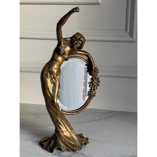 Art Nouveau Vintage Patinated Bronze Art Nouveau Standing Lady Vanity Mirror 14” X 6.5” For Sale - Image 3 of 10