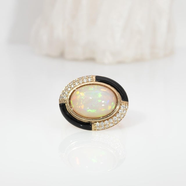 5.3Ct Natural Opal Ring With Diamond Accents in Solid 14k Gold – Oval Cut, Size 6.75 For Sale - Image 4 of 8