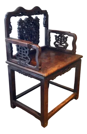 Chinese Wooden Chair with Carved Back and Armrests, 1850