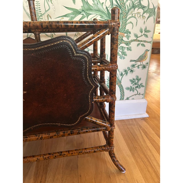 Maitland - Smith Vintage Maitland - Smith Scorched Bamboo and Tooled Leather Chinoiserie Canterbury Magazine Rack For Sale - Image 4 of 11