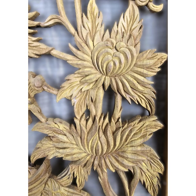 Wood 1970s Vintage Phoenix Peony Chinese Relief Carved Wood Panel Wall Sculpture For Sale - Image 7 of 11