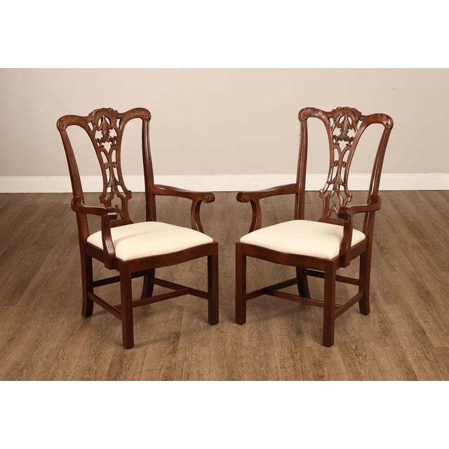 High Quality Pair Of Chippendale Style Dining Arm Chairs By Scarborough House. Constructed Of Mahogany With Pierced And...