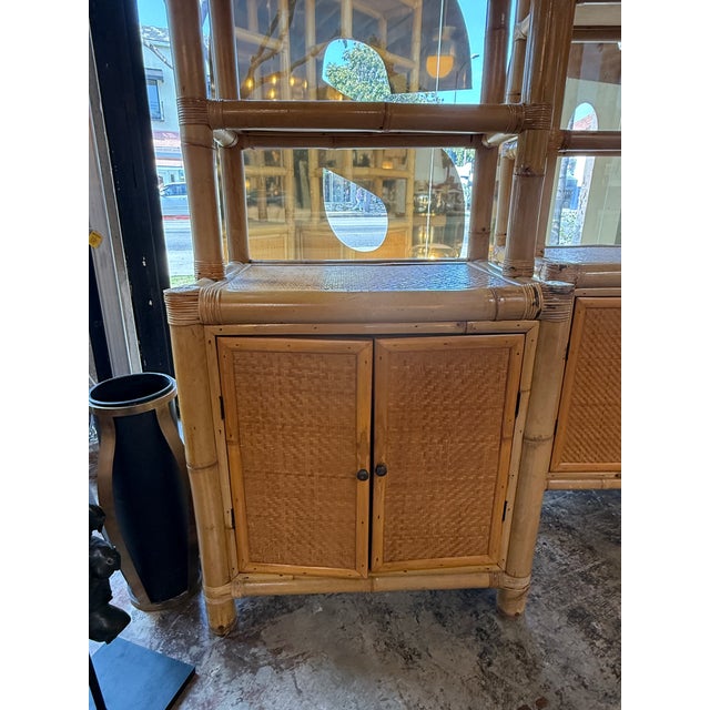 Modern Pair of Bamboo and Woven Rattan Bookcases With Cabinet Bases, 1970s For Sale - Image 3 of 13