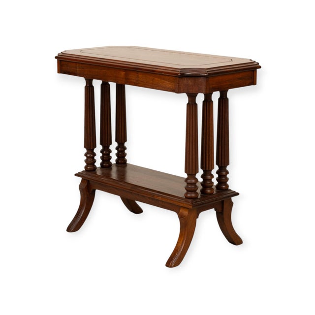 Vintage Neoclassical Walnut Side Table W/ Reeded Columns & Lower Shelf 25x13.5x22 For Sale - Image 4 of 11
