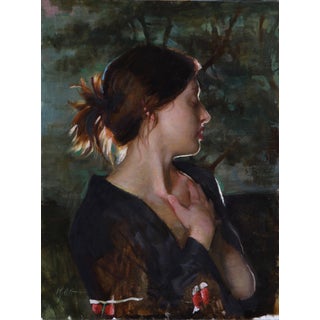 Spark by Karen Offutt | Oil on Panel Portrait of a woman with a thoughtful expression. For Sale