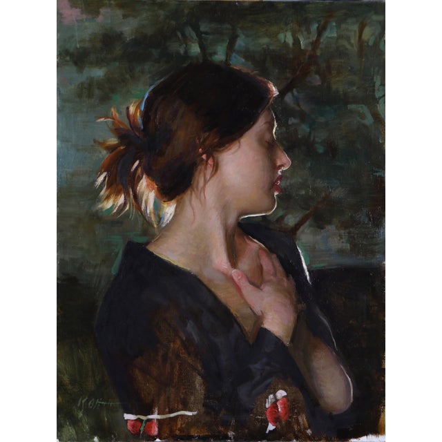Spark by Karen Offutt | Oil on Panel Portrait of a woman with a thoughtful expression. For Sale