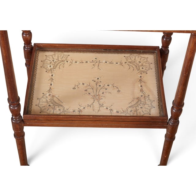 Traditional Regency Style Two Tier Mahogany & Embroidered Silk Tray Table For Sale - Image 3 of 3