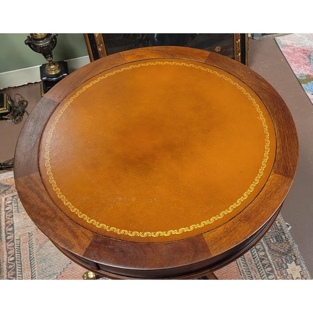 American Fine 1940s Leather Top Drum Table Brass Lion Feet For Sale - Image 3 of 9