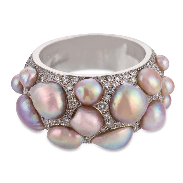 Contemporary Mid 20th Century Monili Natural Pearl Diamond Platinum Cluster Ring, Size 6.5 For Sale - Image 3 of 6