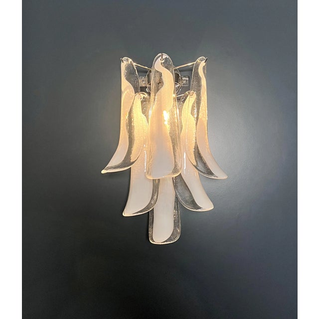 Pair of Italian Murano Wall Lights, Mazzega – 6 White Lattimo Glass Petals For Sale In Los Angeles - Image 6 of 10