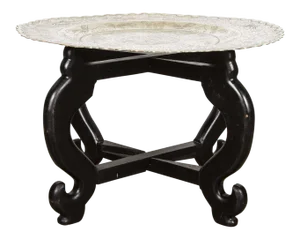 20th Century Chinese Hand-Carved Brass Tray on Folding Wooden Base