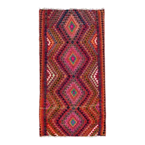 Vintage Kilim Handmade Flatweave Multicolor Geometric Wool Runner 4' 3'' X 8' 5''