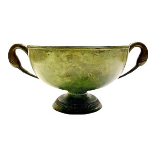 Vintage Swan Handled Hand Decorated Faux Verdigris Pedestal Centerpiece Bowl For Sale