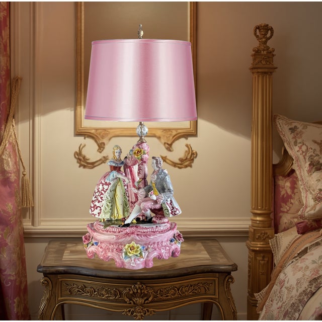 Pink Large Mid-Century D. Poloniato Capodimonte Porcelain Table Lamp Courting Couple Harp For Sale - Image 8 of 18