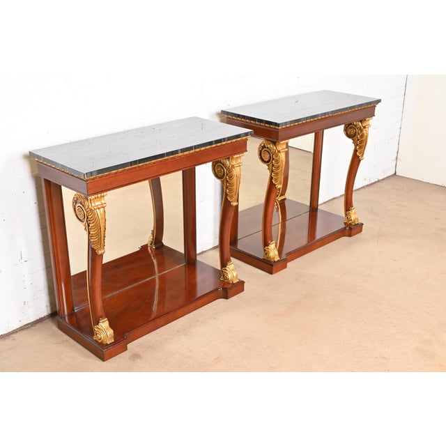 Kindel Furniture Kindel Furniture Empire Carved Mahogany and Gold Gilt Console Tables With Mirrored Backs, Pair For Sale - Image 4 of 11