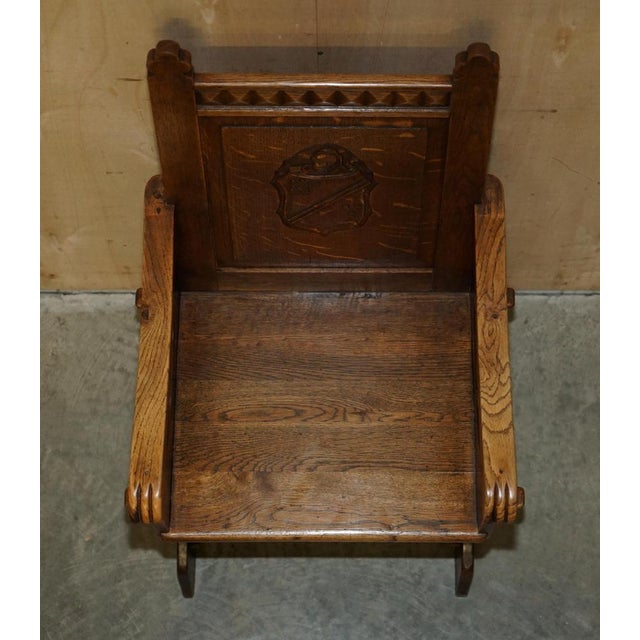 Set of Antique English Carved Oak Armchairs with Armorial Crest Coat of Arms, 1860 For Sale - Image 13 of 18