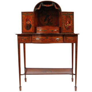 19th C. English Painted Satinwood Writing Desk With Sterling Silver Mounts For Sale