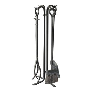 Set of Three Vintage French Country Black Iron Fireplace Tools Plus Poker Tool For Sale