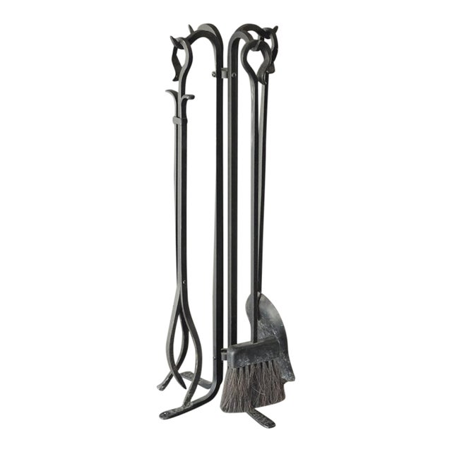 Set of Three Vintage French Country Black Iron Fireplace Tools Plus Poker Tool For Sale