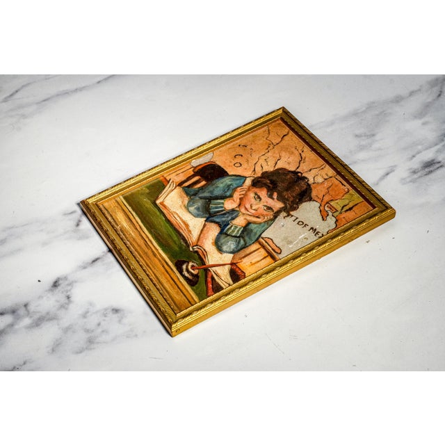 Unusual Antique Framed Oil Painting Portrait Unhappy Student Girl Classroom School For Sale - Image 10 of 11