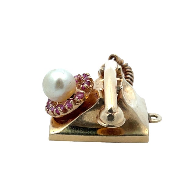 Mid-Century Modern 14k Yellow Gold Vintage Telephone Charm With Pearl & Pink Sapphire Dial For Sale - Image 3 of 8