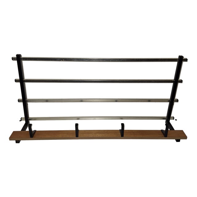 Vintage Wall-Mounted Coat Rack with Black Iron Frame, Brass-Coloured Hat Shelf and Teak Wood Strip, 1970s For Sale