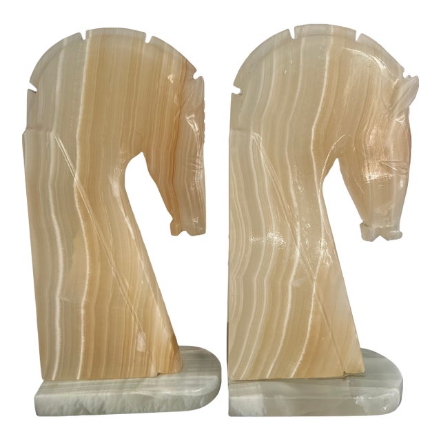 Vintage Hand Carved Onyx Horse Head Bookends Extra Tall For Sale
