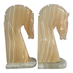 Vintage Hand Carved Onyx Horse Head Bookends Extra Tall