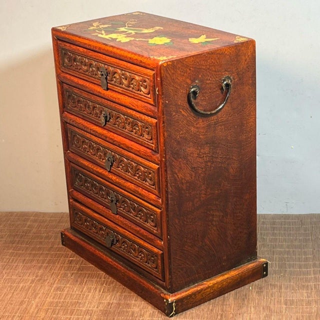 Chinese Vintage Chinese Huali Rosewood Mother-of-Pearl Inlaid 5-Drawer Jewelry Chest For Sale - Image 3 of 9