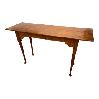 Custom Made Tiger Maple Console Table With Spoon Footed Leg & Scroll Apron For Sale