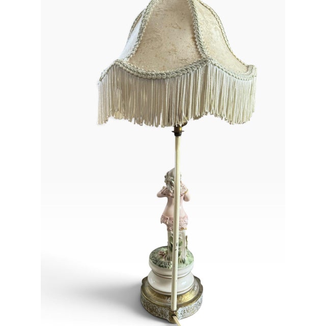 Vintage Rococo-Style Porcelain Figural Table Lamp With Fringe Shade For Sale - Image 4 of 6