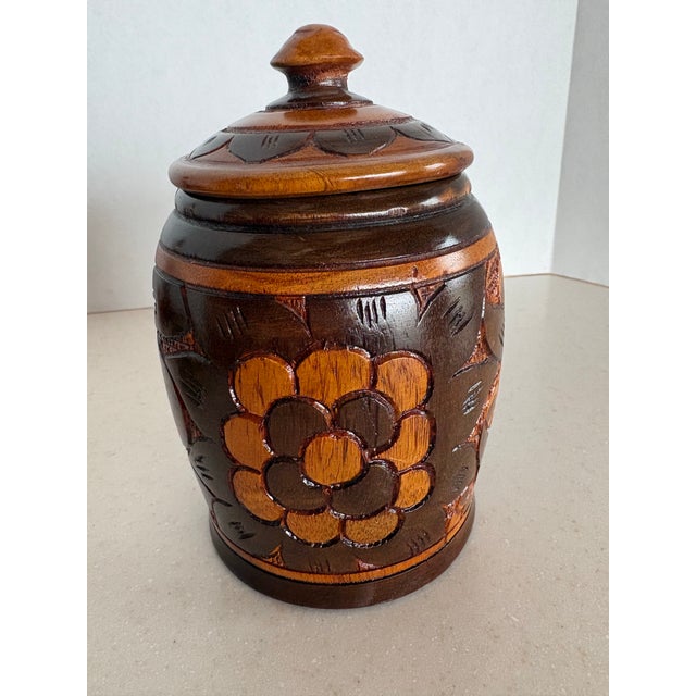 Folk Art Mid 20th Century Hand-Carved Wooden Canister With Floral Relief, Rustic Folk Art Storage Vessel For Sale - Image 3 of 8