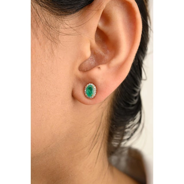 Statement Oval Emerald Diamond Everyday Studs Earring in 14k Yellow Gold- A Pair For Sale - Image 4 of 9